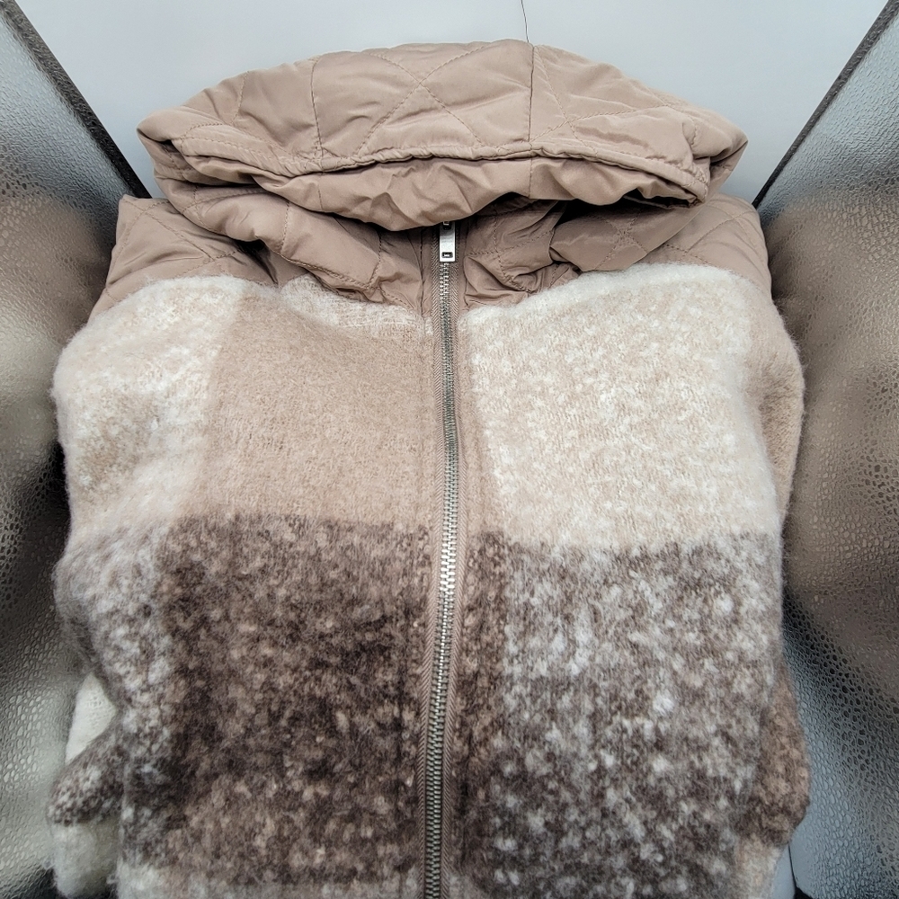 Women's Plaid Zip Poncho Sweater L-XL Hood Tan/Brown NWOT Cozy Light Weight - Picture 10 of 10